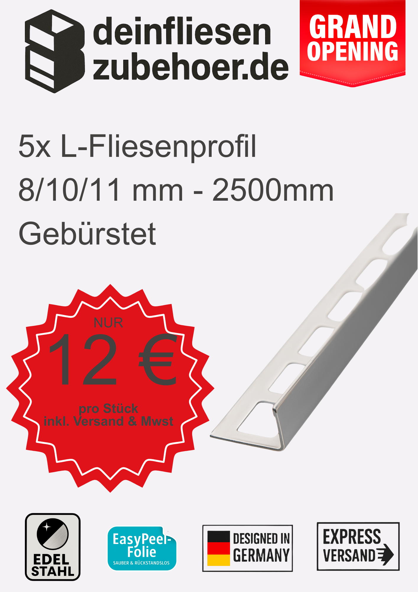 5x L-Profil Edelstahlschiene Fliesenprofil