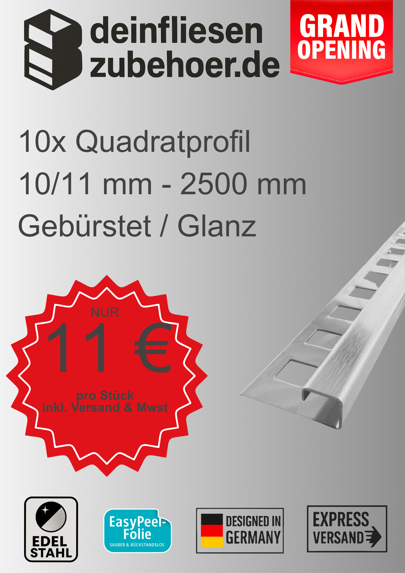 10x Quadrat Edelstahlschiene